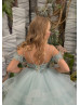 Beaded Dusty Mint Lace Tulle Ruffle Flower Girl Dress